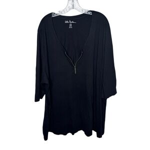 Ulla Popken Black Zip Front Tunic Top 3/4 Sleeve 100% Cotton Plus Size 32/34